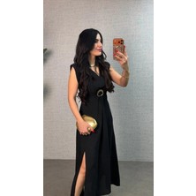 Moda Loris Kadın Kısa Kollu Vatkalı Önden Tokalı Yandan Yırtmaçlı Uzun Ithal Krep Elbise