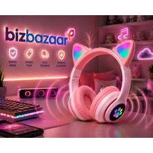 Biz Bazaar Kedi Figürlü Bluetooth Kulaklık – Premium Ses Kalitesi, Güçlü Baslı, LED Işıklı, Bluetooth 5.0, TF Kart Destekli, Şarjlı