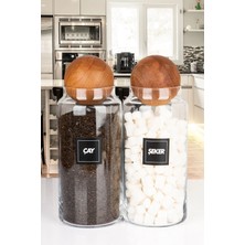 Naturelove 2'li Ahşap Top Kapaklı Çay ve Şeker Kavanozu Saklama Kabı Cam 1400 ml