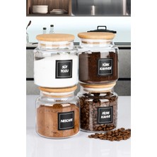 Naturelove 4'lü Ahşap Vakumlu Kapaklı 600 ml Çay Kahve Şeker Tuz Erzak Saklama Kavanozu