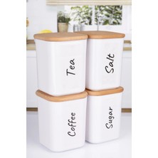 Naturelove 4'lü Ahşap Vakum Kapaklı Saklama Kabı Seti Ingilizce Çay Şeker Kahve Tuz Akrilik Kavanoz 900 ml