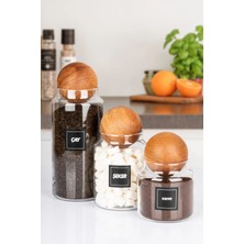 Naturelove 3'lü Ahşap Top Kapaklı Çay Şeker ve Kahve Kavanozu Saklama Kabı Cam 600-900-1400 ml