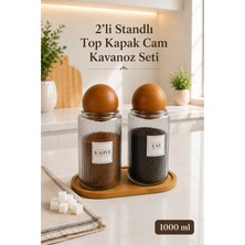 Naturelove 2'li Ahşap Stantlı Ahşap Top Kapaklı Çay ve Kahve Kavanozu Saklama Kabı Cam 1000 ml
