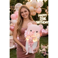Sole Deluxe LED Işıklı Peluş Ayı Yastıklı Silindir Kutuda Peluş Ayıcık ve Tavşan Buketi | Sevgiliye, Kıza Hediye