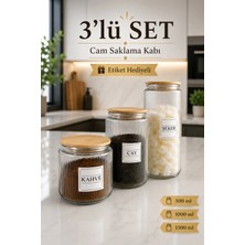 Naturelove 3'lü Ahşap Vakumlu Kapaklı Çay Şeker ve Kahve Kavanozu Saklama Kabı Cam 600-900-1400 ml