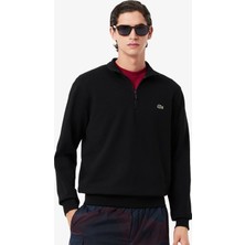 Lacoste Zip-Up Fleece Sweatshirt Black Fermuarlı Dik Yaka Pamuklu Erkek Sweatshirt Siyah