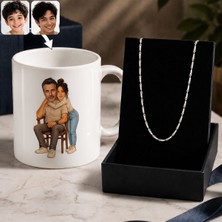 Bk Gift Kişiye Özel Baba&çocuk Karikatürlü Beyaz Kupa & Yaprak Model Zincir Kolye -5, Babalar Günü Hediyesi