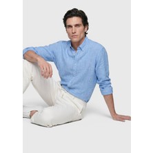 Ramsey Mavi Düz Casual Fit Uzun Dokuma Casual %100 Keten Gömlek