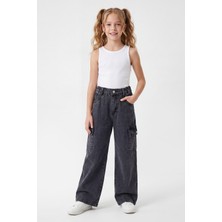 Joy Kids Kız Çocuk Ispanyol Paça Kargo Cepli Kot Pantolon (9-12YAŞ) (Siyah)