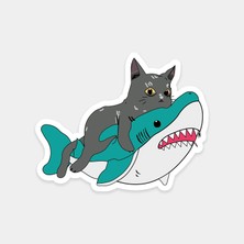 Köpekbalığına Binen Kedi Sticker