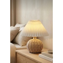 Burenze Modern Abajur Premium Krem Kumaş Umbrella Abajur Rattan Hasır Bambu Gövde Masa Lambası