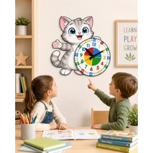 Karbonsoft Sevimli Kedi Montessori Çocuk Odası Eğitici Ahşap Duvar Saati - Sessiz Mekanizma, Şık Tasarım Saat
