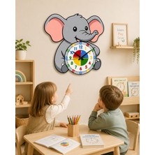 Montessori Eğitici Fil Temalı Çocuk Duvar Saati | Renkli Ahşap Saat + Uv Baskı