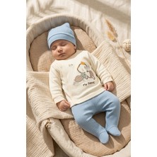 Babydonat Nora 3'lü Pamuklu Bebek Takımı - Kendinden Eldivenli Mavi Köpek Nakışlı Kruvaze Üst, Fitilli Patikli Pantolon, Bere ve Seti