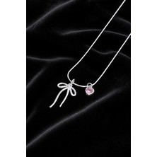 Trend Collection Kadın Paslanmaz Çelik Kolye Gümüş Renk Fiyonk ve Pembe Kalp Charm