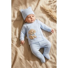 Babydonat Mavi Puppy Nakışlı 3'lü Bebek Takımı - 0-3 Ay Pamuklu Waffle Örgü Pantolon Üst ve Şapka Kombini