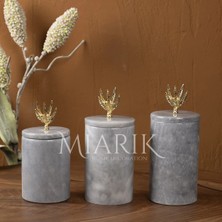 Miarik Design Dekoratif Gri Mermer Gold Renk Zeytin Dal Aksesuarli 3 Lü Baharatlık Şekerlik Kavanoz Seti