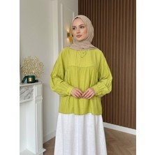 Miostil Manşet Detay Büzgülü Tunik-Yağ Yeşili