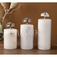 Miarik Design Dekoratif Beyaz Mermer Ginko Gumus Aksesuarli 3 Lü Baharatlık Şekerlik Kavanoz Seti