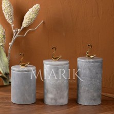 Miarik Design Dekoratif Gri Mermer Gold Renk Kugu Aksesuarli 3 Lü Baharatlık Şekerlik Kavanoz Seti