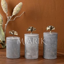 Miarik Design Dekoratif Gri Mermer Gold Renk Ginko Aksesuarli 3 Lü Baharatlık Şekerlik Kavanoz Seti