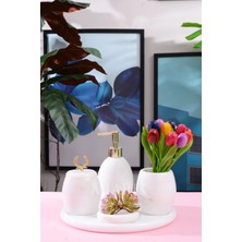 Miarik Design Dekoratif Beyaz Mermer Oval Banyo Seti Takımı 5 Li Tasarım Set