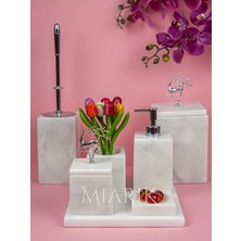 Miarik Design Dekoratif Beyaz Mermer Gümüş Uçan Geyık Detaylı 7 Li Kare Banyo Seti Takımı