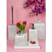 Miarik Design Dekoratif Mermer Düz Kare Sılver Gınko Cıcek Detaylı 7 Li Banyo Seti Takımı