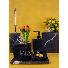 Miarik Design Dekoratif Sıyah Mermer Gümüş Mercan Detaylı 7 Li Kare Banyo Seti Takımı