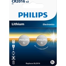 Philips CR2016 3V Lityum Düğme Pil,saat ve Kumanda Pili - DL2016 Muadili - CR2016P2/01B -2'li Paket