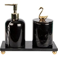 Miarik Design Dekoratif Sıyah Mermer Gold Kuğu Detaylı 3 Lu Banyo Seti Takımı
