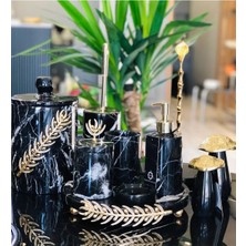 Miarik Design Dekoratif Siyah Mermer Altın Zeytin Dalı Detaylı 7 Li Banyo Seti Takımı
