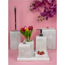 Miarik Design Dekoratif Beyaz Mermer Gümüş Top Detaylı 7 Li Kare Banyo Seti Takımı