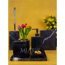 Miarik Design Dekoratif Sıyah Mermer Gümüş Top Detaylı 7 Li Kare Banyo Seti Takımı