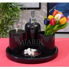 Miarik Design Dekoratif Sıyah Mermer Gümüş Kristal Detaylı 5 Li Banyo Seti Takımı