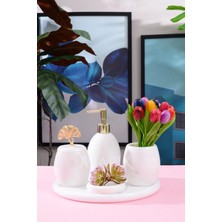 Miarik Design Dekoratif Beyaz Mermer Oval Banyo Seti Takımı 5 Li Tasarım Set