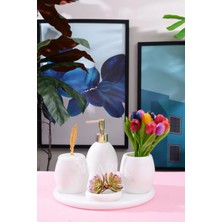 Miarik Design Dekoratif Beyaz Mermer Oval Banyo Seti Takımı 5 Li Tasarım Set
