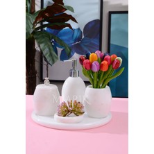 Miarik Design Dekoratif Beyaz Mermer Oval Banyo Seti Takımı 5 Li Tasarım Set
