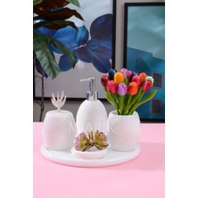 Miarik Design Dekoratif Beyaz Mermer Oval Banyo Seti Takımı 5 Li Tasarım Set