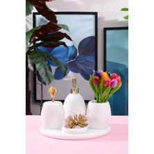 Miarik Design Dekoratif Beyaz Mermer Oval Banyo Seti Takımı 5 Li Tasarım Set