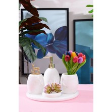 Miarik Design Dekoratif Beyaz Mermer Oval Banyo Seti Takımı 5 Li Tasarım Set