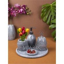 Miarik Design Dekoratif Gri Oval Mermer Banyo Seti Takımı 5 Li Aksesuar Detaylı Tasarım Set