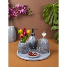 Miarik Design Dekoratif Gri Oval Mermer Banyo Seti Takımı 5 Li Aksesuar Detaylı Tasarım Set