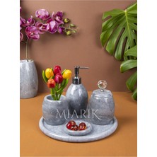 Miarik Design Dekoratif Gri Oval Mermer Banyo Seti Takımı 5 Li Aksesuar Detaylı Tasarım Set