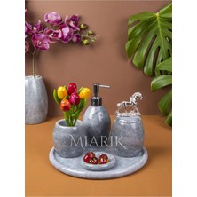 Miarik Design Dekoratif Gri Oval Mermer Banyo Seti Takımı 5 Li Aksesuar Detaylı Tasarım Set