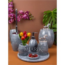 Miarik Design Dekoratif Gri Mermer Banyo Seti Takımı 7 Li Gümüş At Detaylı Tasarım Set