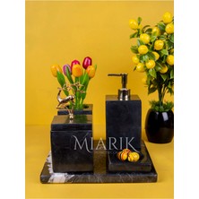 Miarik Design Dekoratif Sıyah Mermer Düz Kare Gold Uçan Geyik Detaylı 5 Li Banyo Seti Takımı