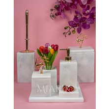 Miarik Design Dekoratif Beyaz Mermer Gold Uçan Geyık Detaylı 7 Li Kare Banyo Seti Takımı