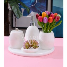 Miarik Design Dekoratif Beyaz Mermer Banyo Seti Takımı 5 Li Gümüş Top Detaylı Tasarım Set