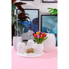 Miarik Design Dekoratif Beyaz Mermer Banyo Seti Takımı 7 Li Gümüş Geyik Detaylı Tasarım Set
